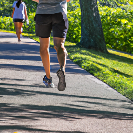 A person jogging in a park on a sunny day.