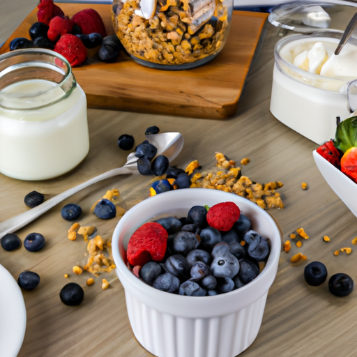 Image of a nutritious breakfast spread with fruits, yogurt, and granola